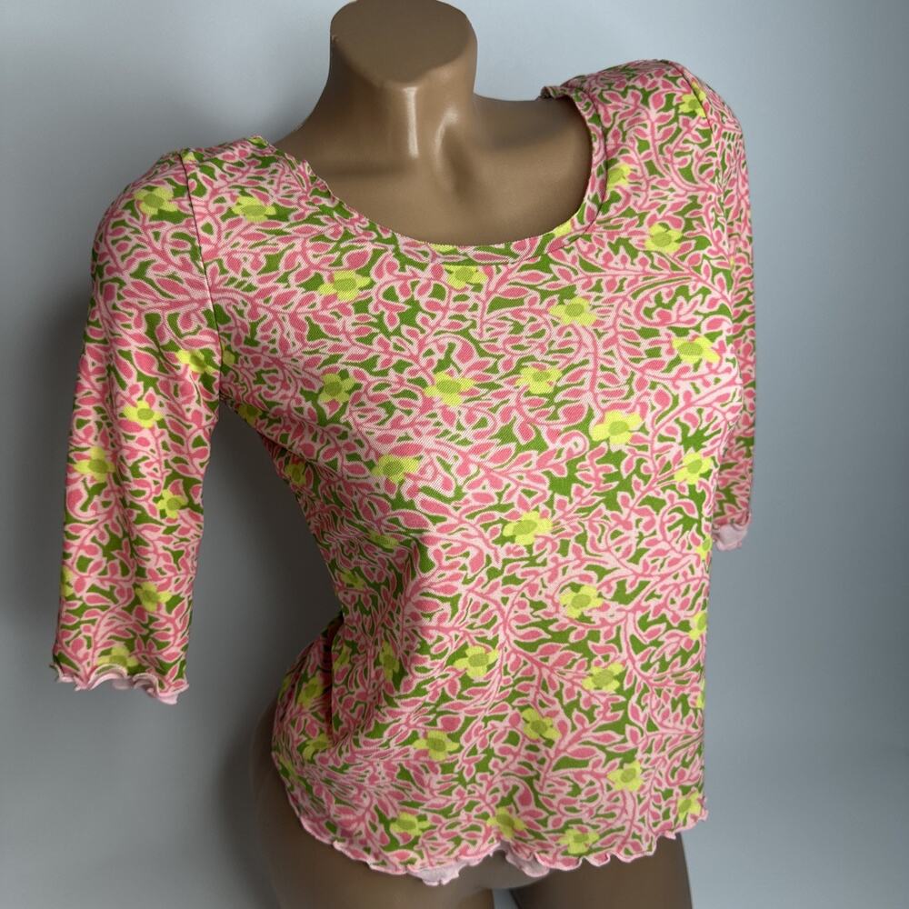 Sigrid Olsen Pink Green Mesh Size PP Top Retro Floral Y2K Cottagecore Lettuce